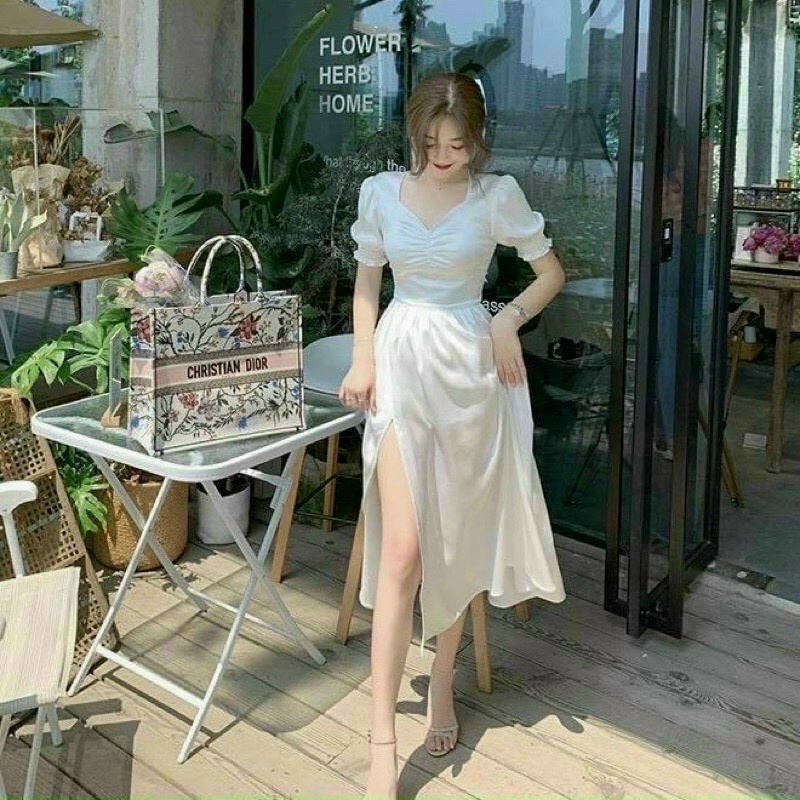 Đầm nữ màu trắng chất đũi nhăn xẻ tà vintage tiểu thư nhẹ nhàng &amp; quyến rũ