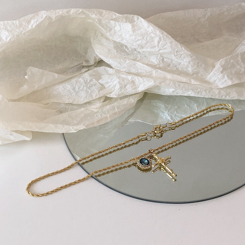 Dây chuyền mặt hình thánh giá đính đá opal màu xanh dương thời trang cho nữ 22814