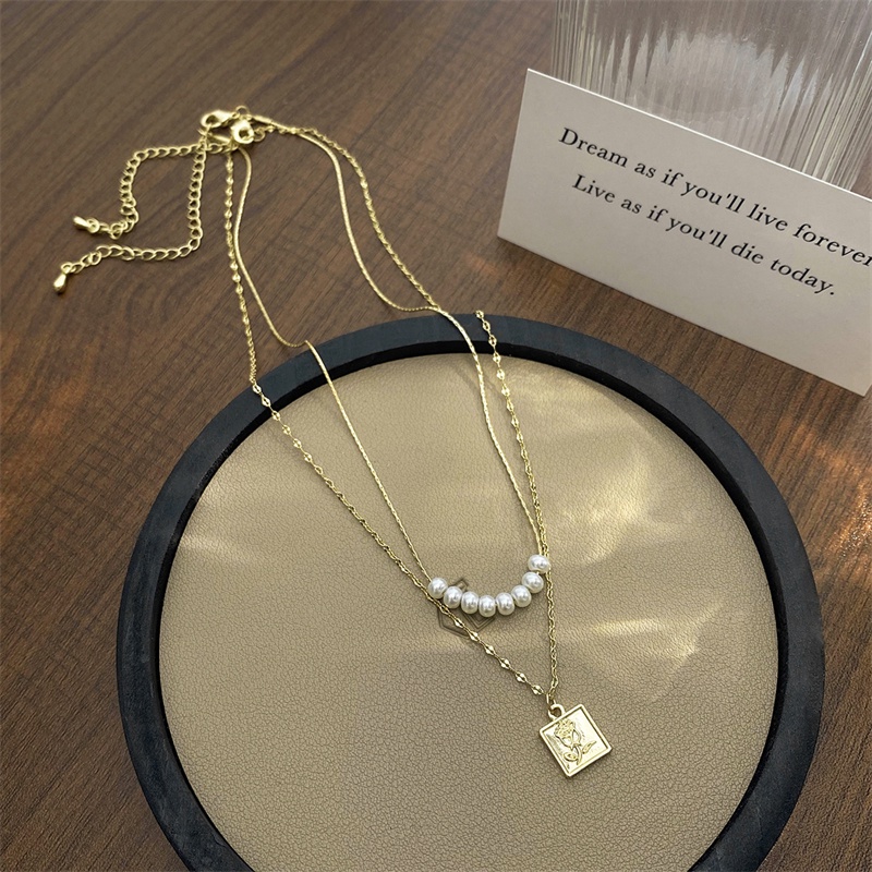 Dây Chuyền Hai Lớp Mặt Hoa Hồng Đính Ngọc Trai Thời Trang Dành Cho Nữ