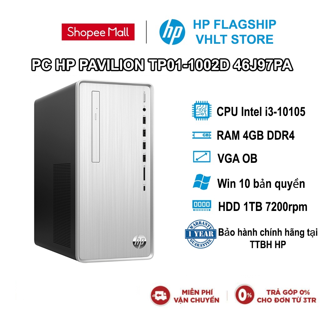 Bộ Máy Tính Bàn PC HP PAVILION TP01-1002D 46J97PA I3-10105| 4GB| 1TB| OB| DVD| WIFI,BT| WIN10 (Bạc)