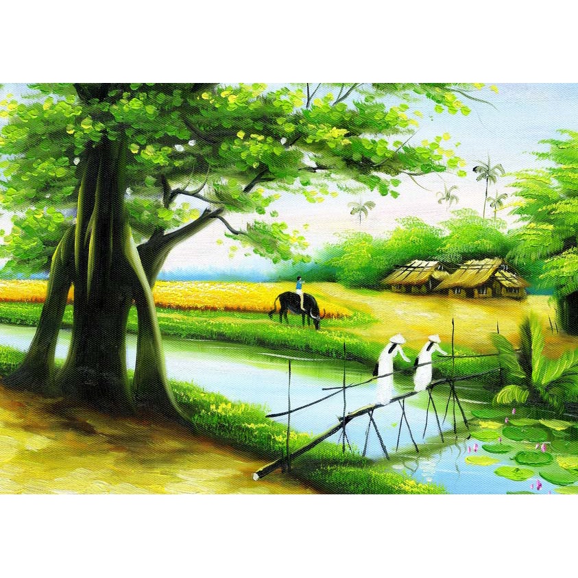 Tranh Dán Tường 3D Đồng Quê Ruộng Lúa Chín Thơm, mùa gặt tại các làng quê nông thôn