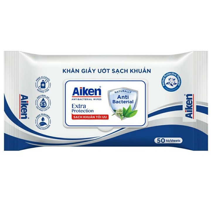 Khăn Ướt Aiken Sạch Khuẩn Chiết Xuất trà xanh - Gói 50 tờ