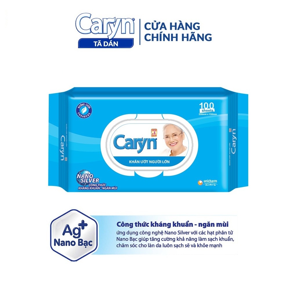 Khăn ướt Caryn 100 miếng/gói, Giấy ướt người lớn kháng khuẩn ngăn mùi công thức Nhật Bản