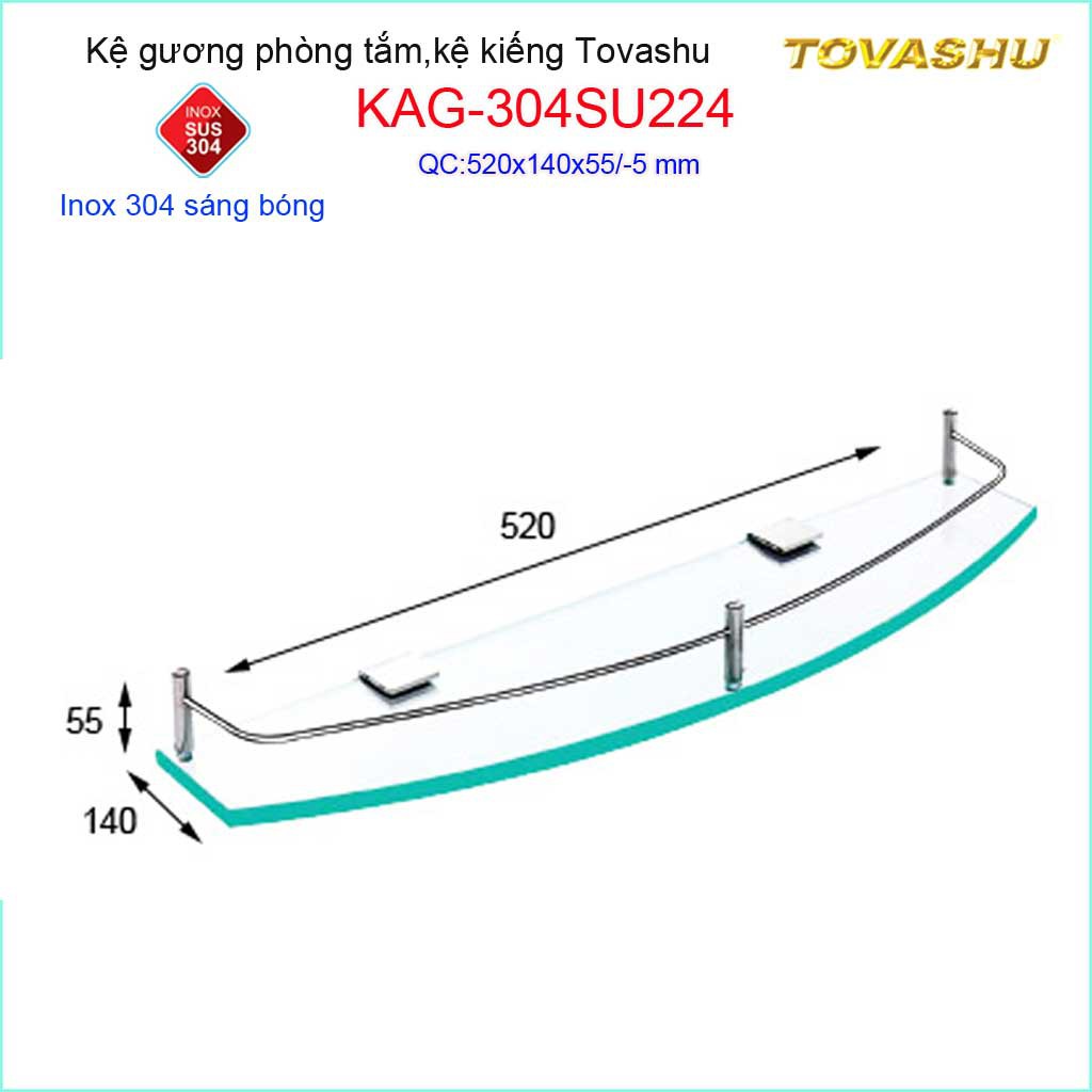 Kệ kính phòng tắm Tovashu KAG-304SU224, kệ gương cường lực Inox Nhật cao cấp