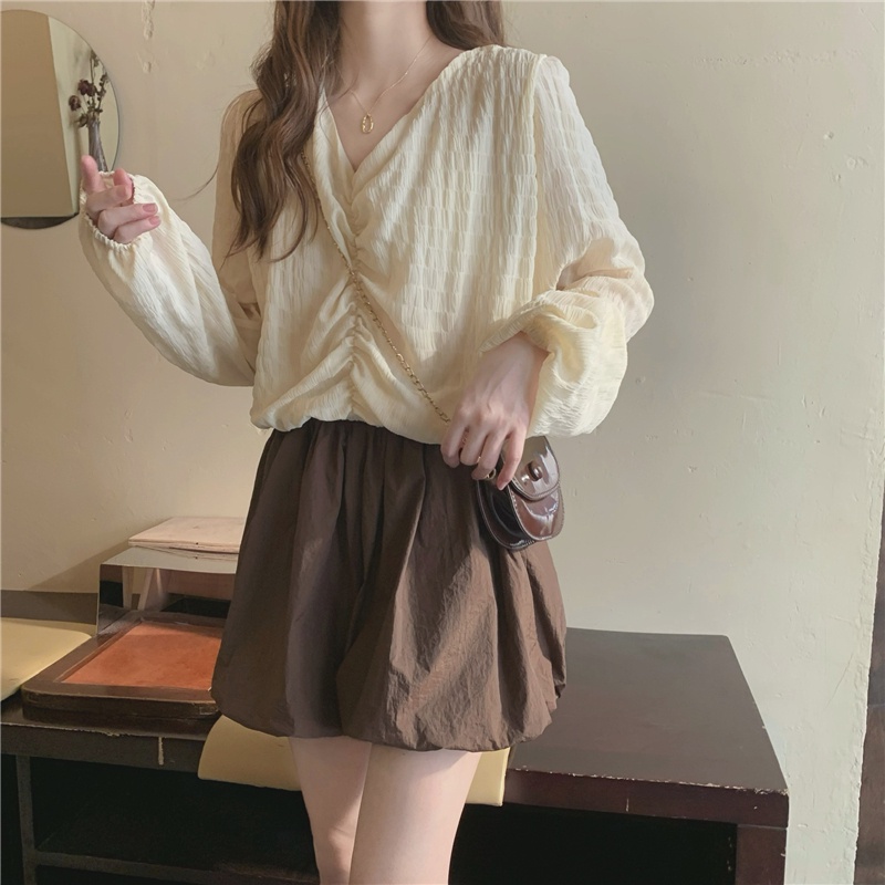 Set Áo Sơ Mi Tay Dài/Quần Short Lưng Cao Co Giãn Tốt Cổ Chữ V Xếp Ly 49437