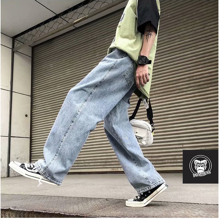 Quần jean ống suông rất rộng nam nữ lưng chun màu xanh 2021 | BigBuy360 - bigbuy360.vn