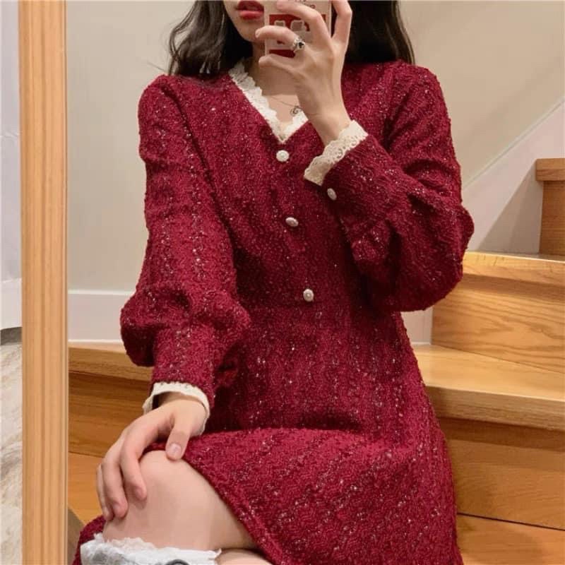 [Ảnh thật/Video] Đầm Dệt Kim Tay Phồng Cổ Chữ V Xinh Xắn Thanh Lịch Đầm Dài Dáng Chữ A Màu Đỏ Phong Cách Hàn Quốc Cho Nữ | BigBuy360 - bigbuy360.vn