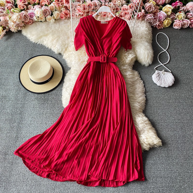 Đầm cổ V thắt lưng xếp ly freesize