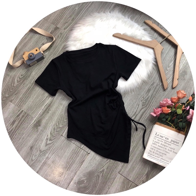 Áo thun body tay ngắn vạt bầu dây rút bên eo kèm hình thật