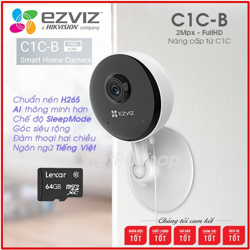 Camera Ezviz C1C - 2.0Mpx - CS-C1C-D0-1D2WFR, FullHD 1080, IP WIFI, góc rộng đảm bảo bởi Hikvison, góc rộng, đàm thoại