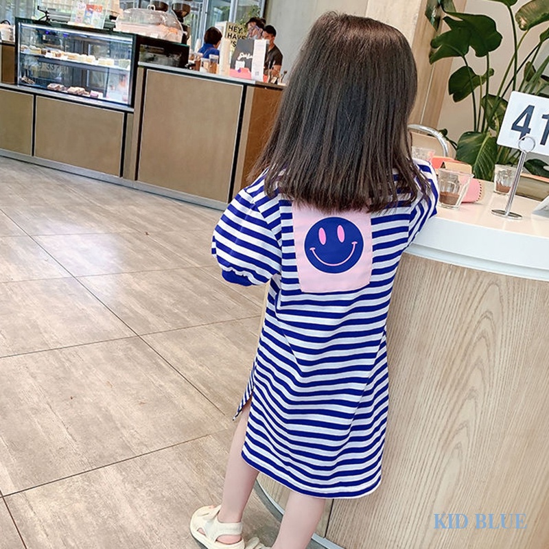 Đầm Ngắn Tay Họa Tiết Sọc Mặt Cười Lưng Vừa Thời Trang Mùa Hè Cho Mẹ Và Bé