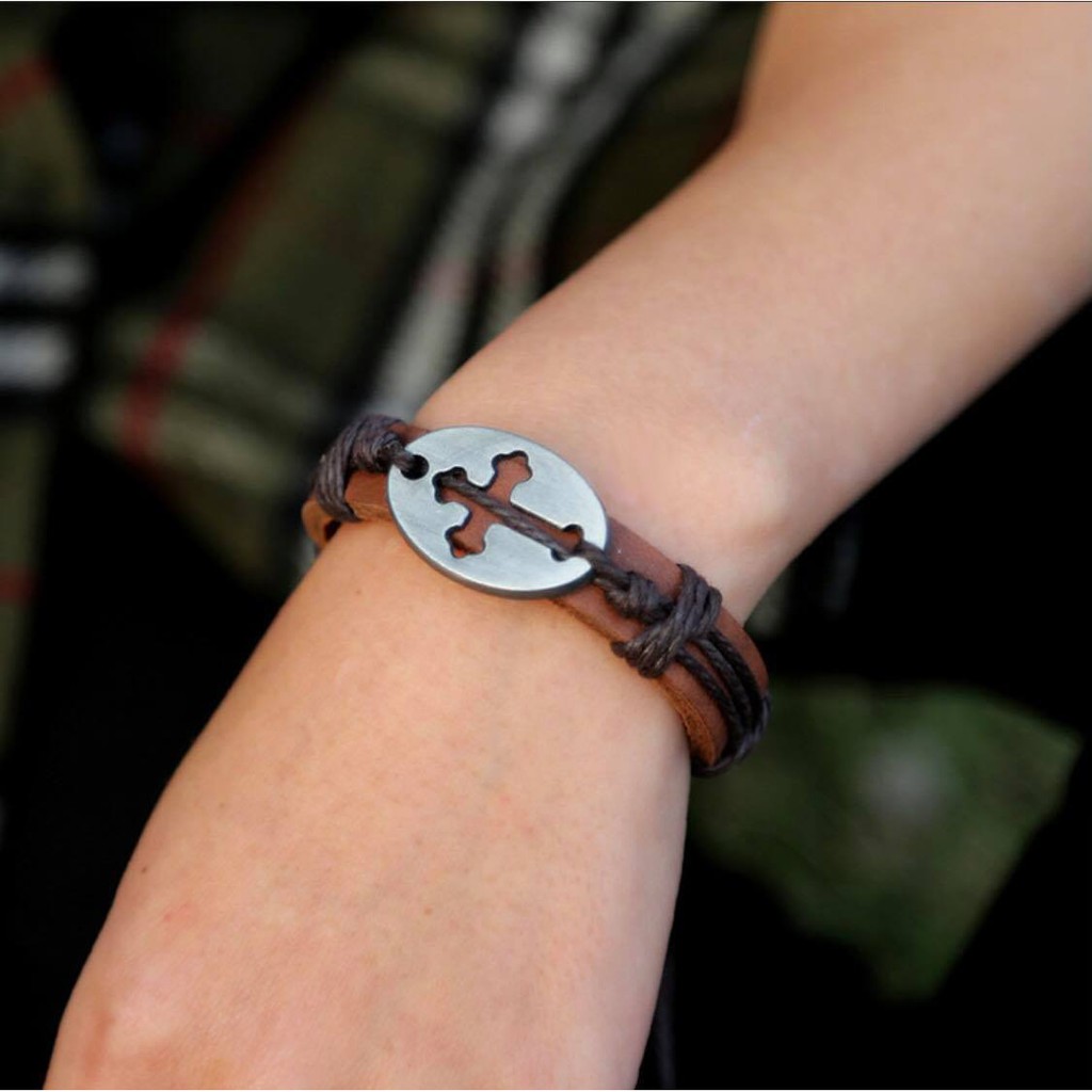 Vòng tay da kiểu dáng vintage hình chữ thập nhiều màu