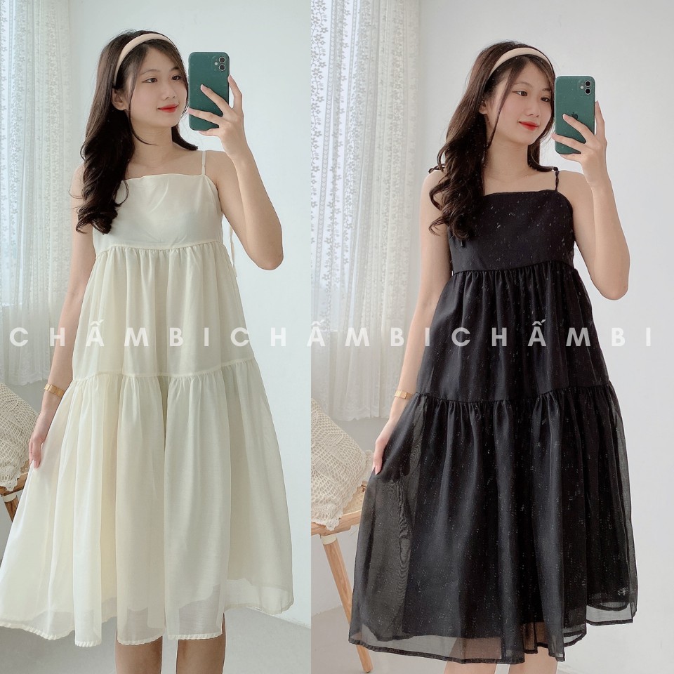 Váy kiểu Hàn Quốc V.069, váy voan tơ hai dây thắt nơ 3 tầng cực xinh | BigBuy360 - bigbuy360.vn
