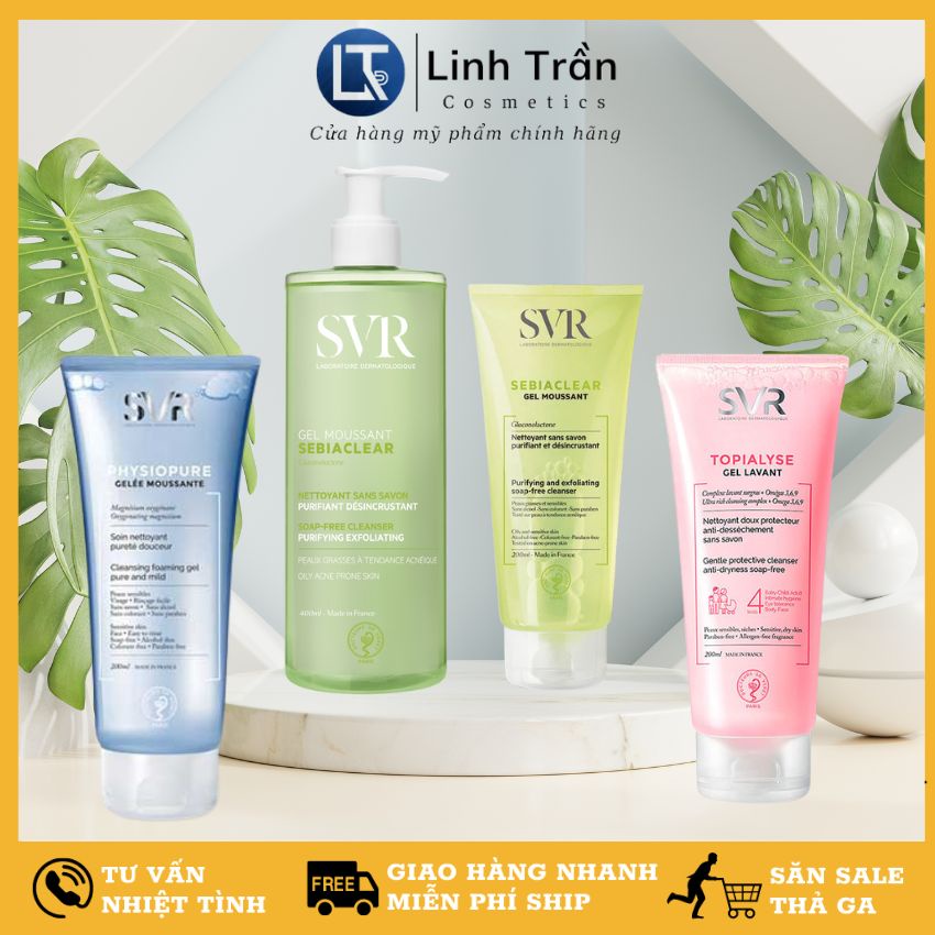Sữa rửa mặt svr chính hãng, srm cho da dầu khô và nhạy cảm 3 màu xanh lá hồng xanh dương