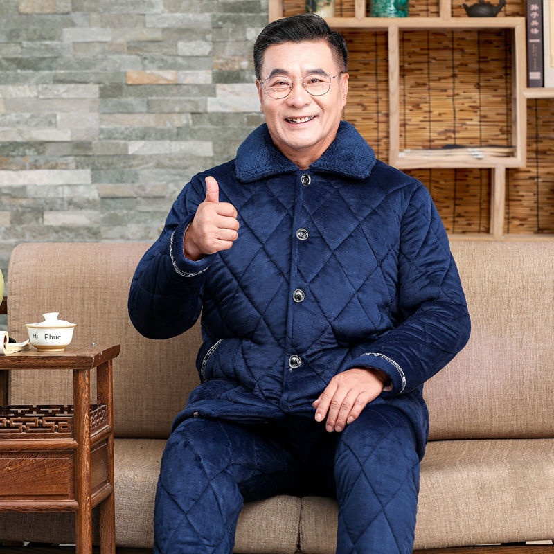 Bộ đồ ngủ nam dày mùa đông cho người trung niên và cao tuổi ấm áp các mẫu thu