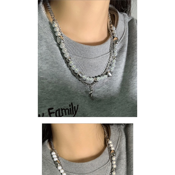 Vòng cổ Hai Lớp Bằng Thép Không Gỉ Phối Ngọc Trai Và Thánh Giá Phản Quang Phong Cách Hip Hop Cho Nữ