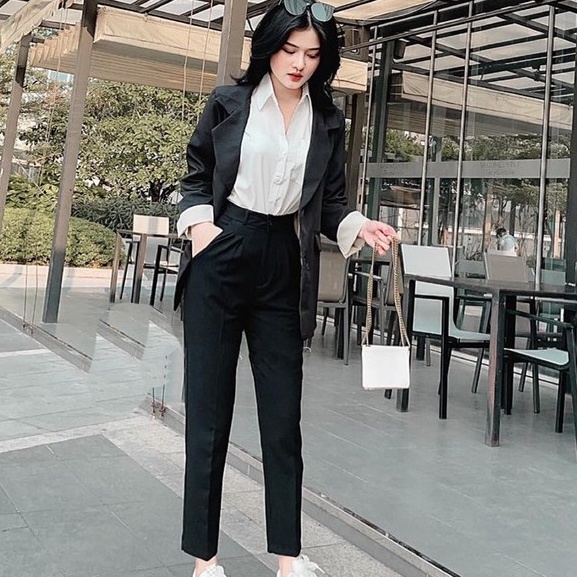 Quần tây baggy đi học nữ cạp có đai lưng cao màu đen đứng dáng dài - Quần vải nữ công sở vải mềm co giãn nhẹ đi học sinh