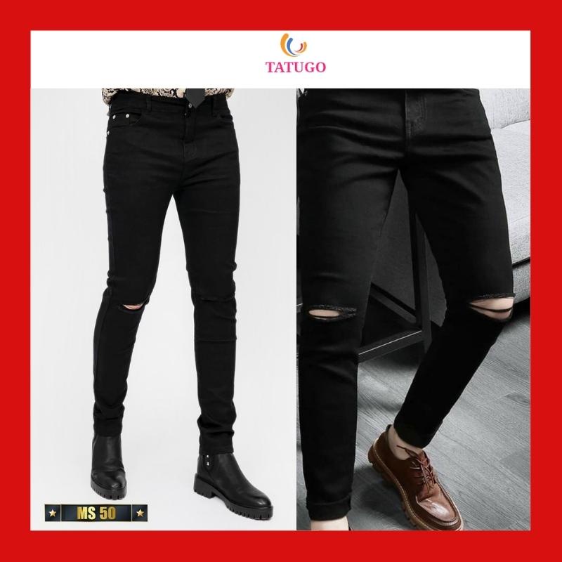 Quần jean nam rách gối màu đen chất bò cao cấp co dãn 4 chiều cực đẹp rin trơn from dáng skinny đẹp TATUGO MS50