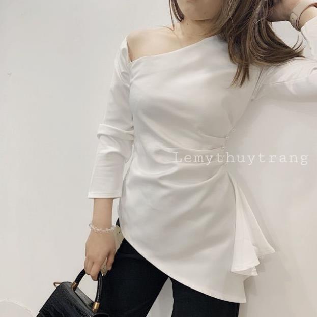 Áo nữ xinh tay phồng kết hạt lệch vai sang chảnh
