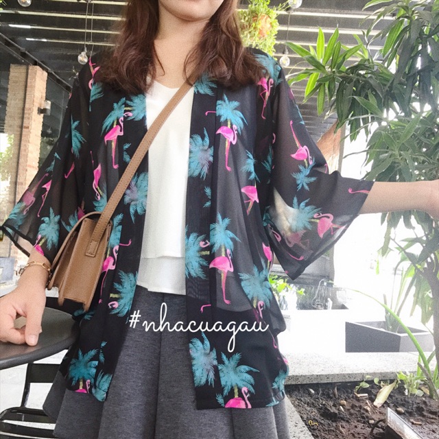 [Mẫu mới] Set Khoác kimono đi biển hồng hạc + áo ống