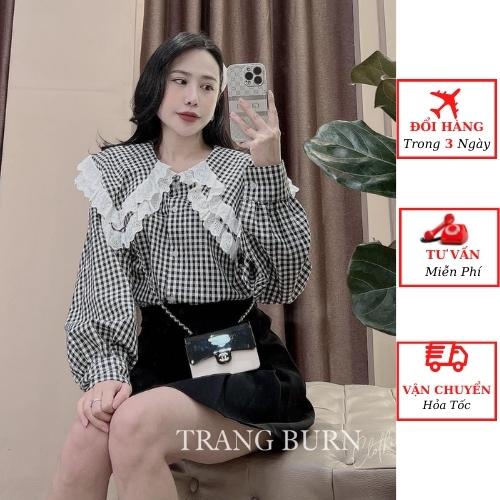 Áo sơ mi babydoll kẻ caro viền bèo cổ sen tiểu thư bánh bèo ulzzang Hàn Quốc