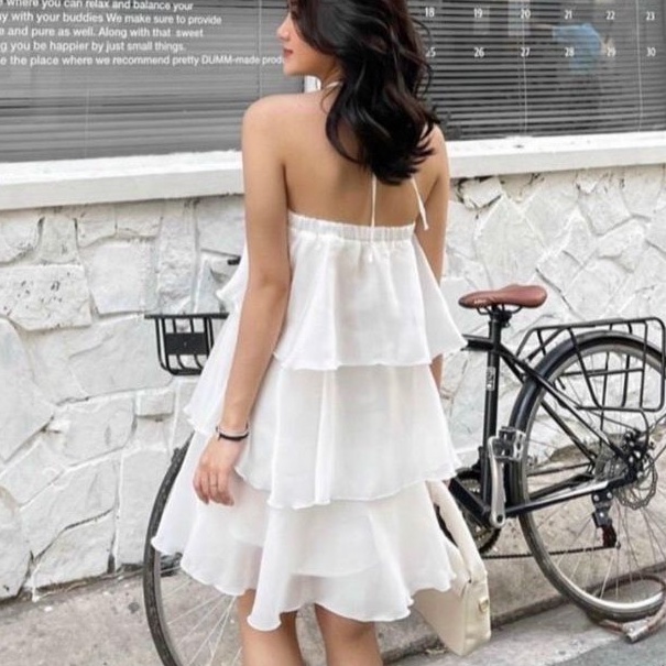 V029 Váy yếm buộc cổ trắng 3 tầng hở vai xinh xắn Đầm nữ xòe lụa hè thu điệu nữ tính bánh bèo tiểu thư công chúa Ulzzang