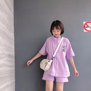 Set nỉ thêu bò tay ngắn unisex