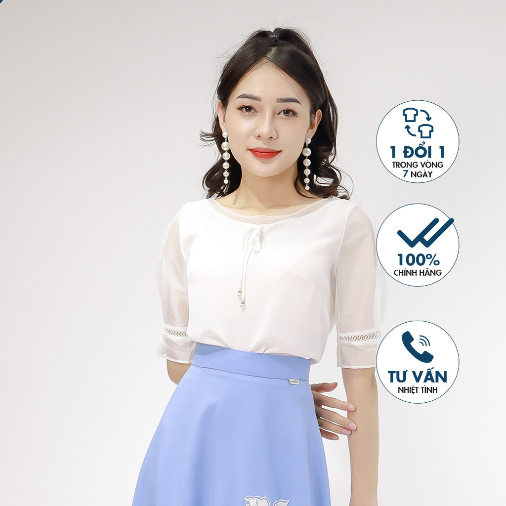 Áo sơ mi phối vải lưới cổ và tay, đính nơ Emspo SMS2357