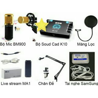 COMBO LIVESTREAM BM900. SOUNDCARD XOX K10. CHÂN KẸP BÀN. MÀNG LỌC ÂM ,  MA1.  TẶNG KÈM TAI NGHE SAMSUNG