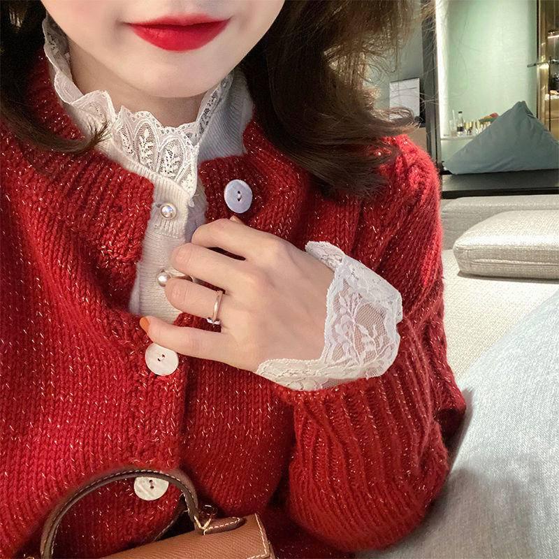 Áo Khoác Cardigan Dệt Kim Màu Đỏ Phong Cách Giáng Sinh Thời Trang Thu Đông Mới Cho Nữ