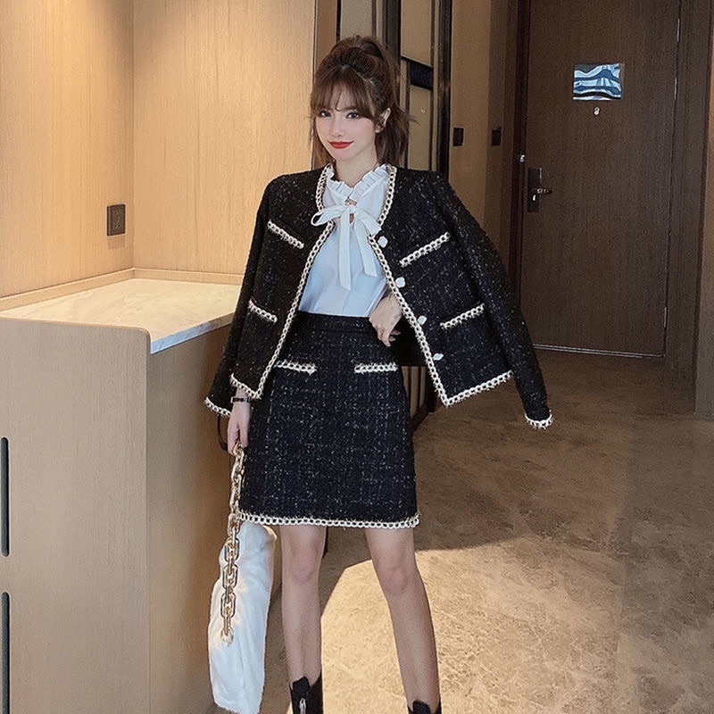 Set áo khoác không cổ + chân váy đen vải tweed sang chảnh viền trắng ulzzang