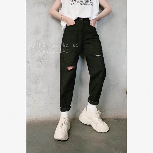 Quần baggy jean đen Domi 094 rách cơ bản hình thật ảnh sàn