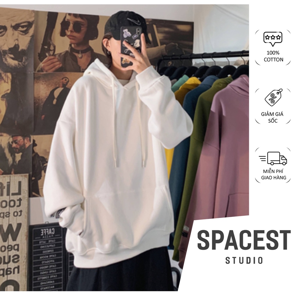 Hoodie Trơn Trắng Form Rộng Spacest Store, Áo Hoodie Nỉ Mỏng Basic Có Mũ