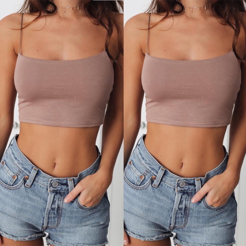 Áo thun croptop dây mảnh màu trơn hở eo thời trang nữ gợi cảm