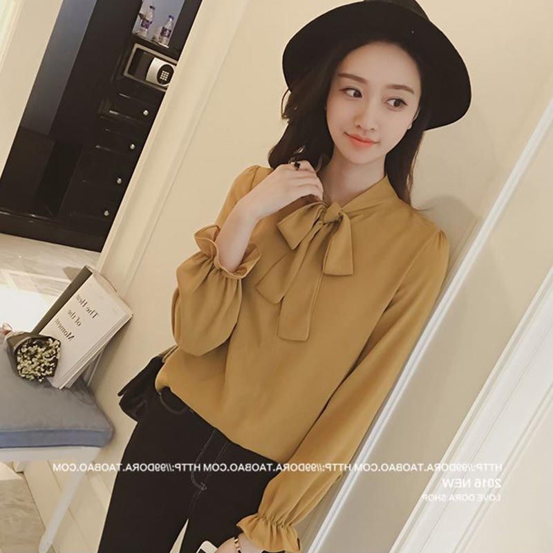 (Hàng Có Sẵn) Áo Chiffon Tay Dài Đính Nơ Phong Cách Hàn Quốc