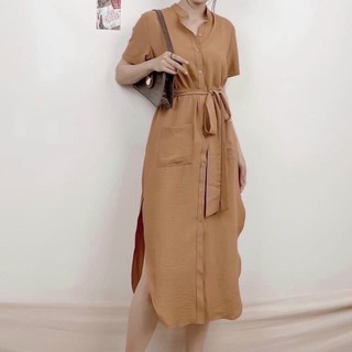 Đầm smi cổ trụ xẻ tà màu nude