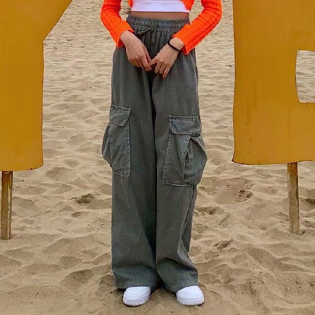 Quần kaki ống rộng túi hộp màu xanh rêu /đen cạp chun dây rút oversize unisex hiphop Ulzzang siêu chất