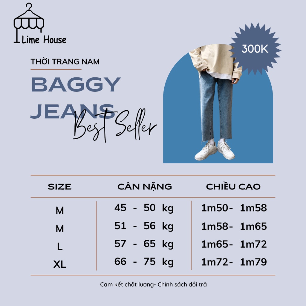 (Xả kho mùa dịch) Quần baggy jeans nam ống đứng cut gấu co giãn màu xanh trơn phong cách Hàn Quốc dễ phối đồ