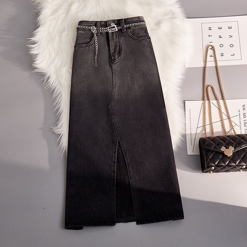 Jiashucheng Chân Váy Denim Dài Vừa Màu Xanh Dương Nhạt Gradient Mỏng Xẻ Tà Phía Trước Phong Cách Mùa Hè Cho