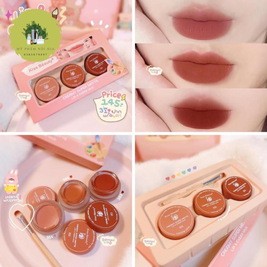 Set 3 son dạng hũ  Kiss Beauty Creamy Super Matte tặng kèm cọ môi Làm Son Vừa Làm Má Hồng