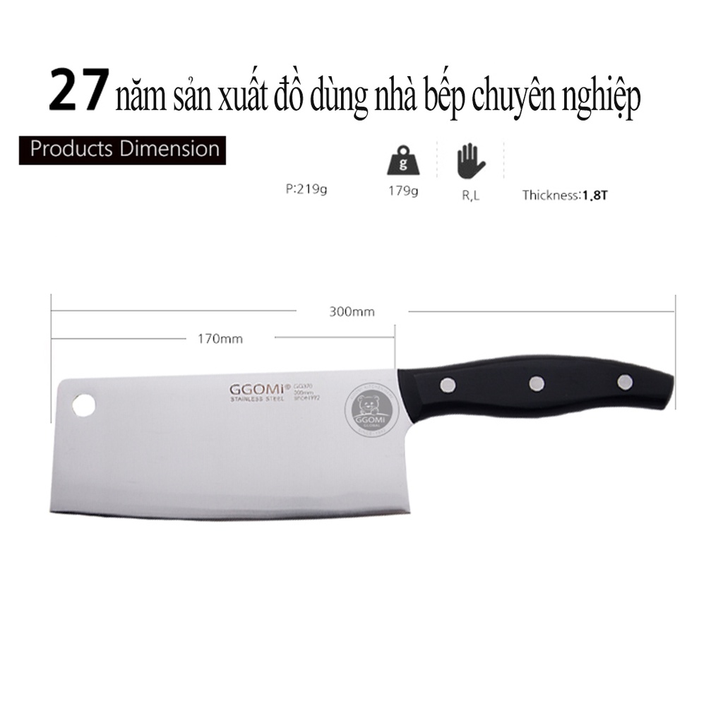 Dao thái bản vuông, chặt bằng thép không gỉ dài 30cm, lưỡi dài 17cm GGOMi Hàn Quốc GG370