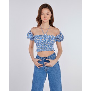 Áo croptop SheByShj cột dây cổ màu xanh dương họa tiết hoa cúc - Tiana Top