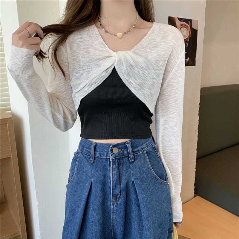 Áo Dệt Kim Mỏng Tay Dài Cổ Chữ V Thiết Kế Thắt Nút Trong Suốt Phong Cách Hàn Quốc Cho Nữ