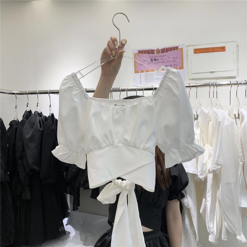 Croptop tay lửng thắt nơ sau lưng