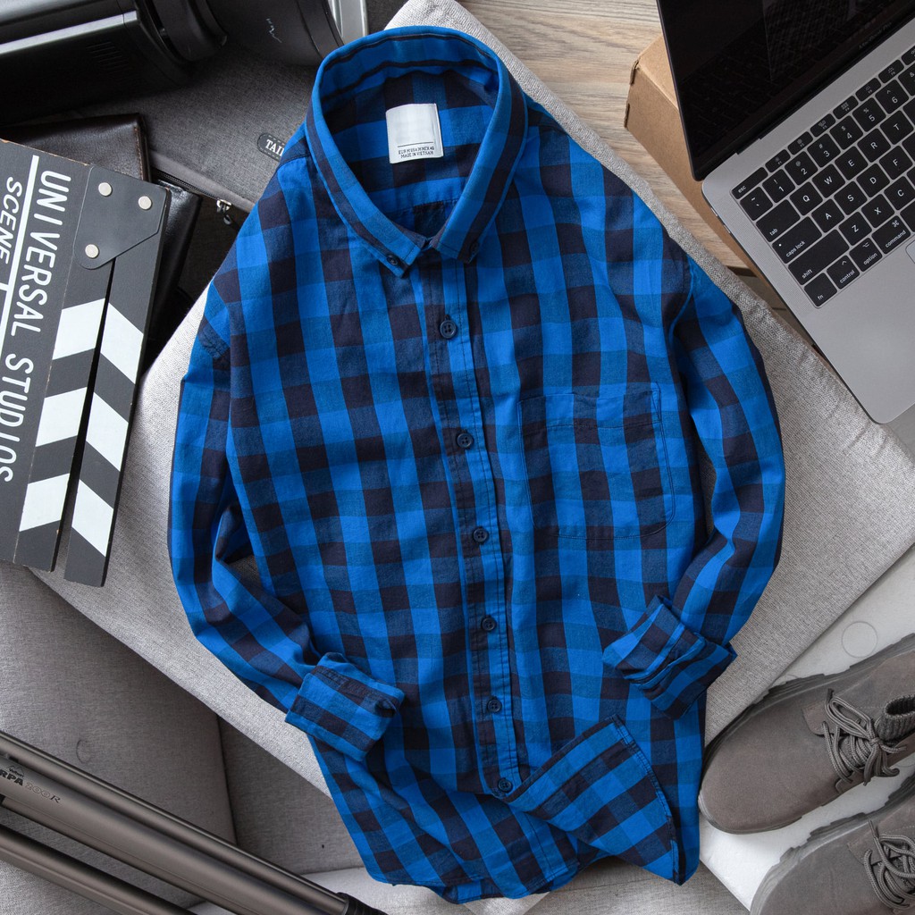 Áo sơ mi nam caro Vải Oxford cao cấp form slim fit họa tiết caro MÀU XANH DƯƠNG - ACR01