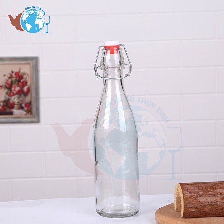 Combo 3 chai thủy tinh tròn 3 size nắp gài 250ml-500ml và 1000ml cao cấp - chai tròn nắp gài nhựa gọng sắt