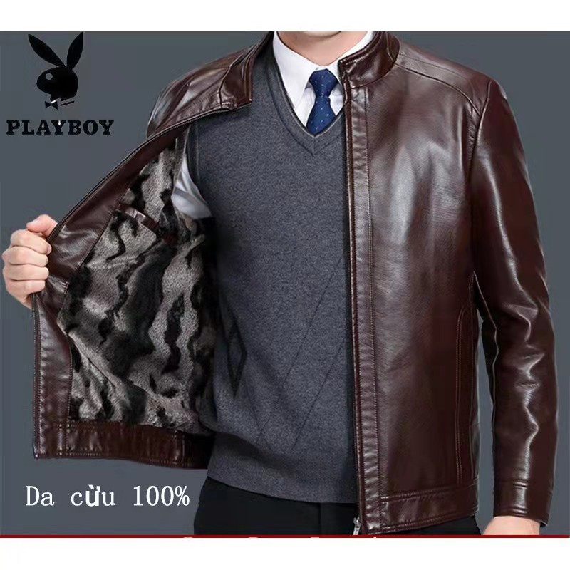 Áo da nam da cừu lớp đầu Playboy/áo da lót lông cổ đứng