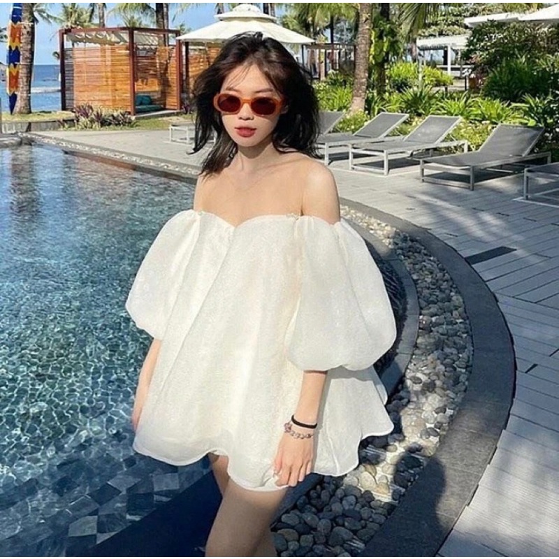 Áo kiểu babydoll trễ vai tay phồng ĐÍNH NGỌC phối lưới