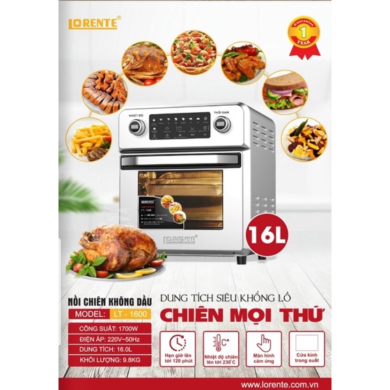 SALE SOCK NỒI CHIÊN KHÔNG DẦU LORENTE LT1600 HÀNG CHÍNH HÃNG (KÈM QUÀ TẶNG-MUA 1 ĐƯỢC 4)