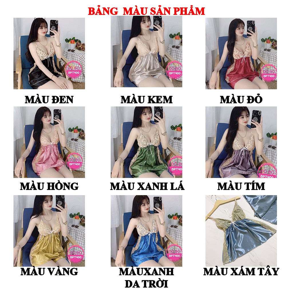 Đồ ngủ sexy bigsize nữ bộ gồm áo 2 dây không mút và quần đùi chất lụa phi phối ren dễ thương gợi cảm DN1